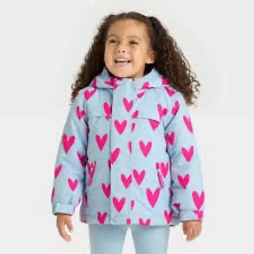 Cat & Jack Toddler Girls Light Blue Pink Heart Puffer Jacket Hooded Coat 18M